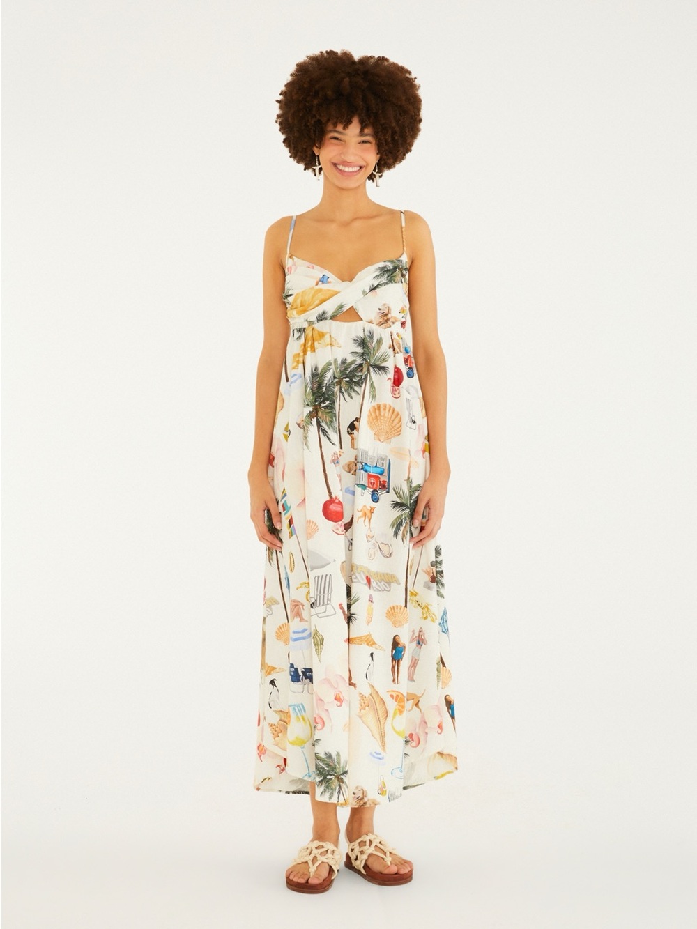 FARM Rio White Tropical-Print Spaghetti-Strap Maxi Dress